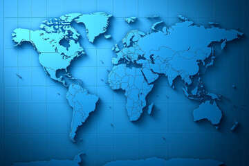 Blue World Map on White Background with Detailed Geographic Features and Grid Lines