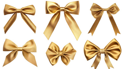 Six variations of a golden bow are displayed on a transparent background, offering versatility for festive designs