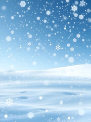 Snowflakes gently falling through a tranquil blue winter wonderland landscape.