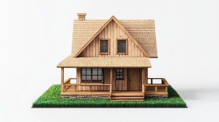 3D Model Wooden Cabin on Grass, Ideal for Real Estate or Interior Design