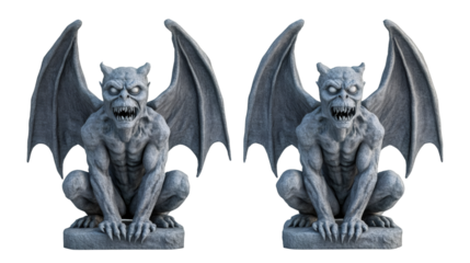Stone gargoyle statue crouching with wings extended and transparent background, perfect for fantasy or horror projects