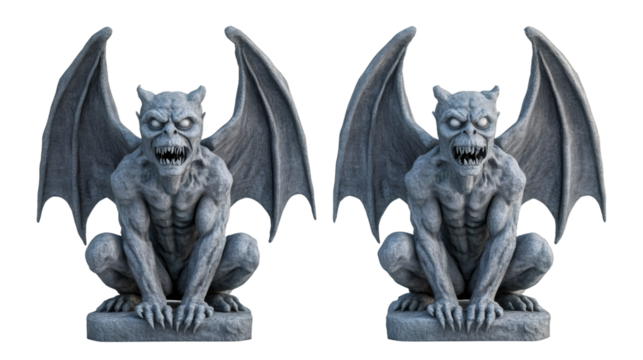 Stone gargoyle statue crouching with wings extended and transparent background, perfect for fantasy or horror projects