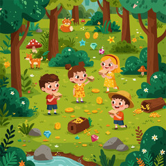 Children Eating Sandwiches Enjoying Nature with Treasure and Animal Friends