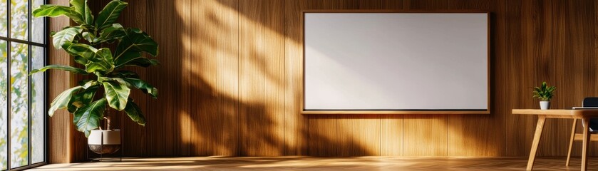 Minimalist living room featuring a blank picture frame, soft natural light, and neutral-toned furniture, perfect for interior mockups