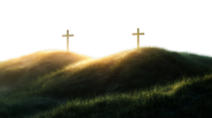 3d rendering of two wooden crosses standing on grassy hills at sunrise with transparent background, ideal for easter or christianity concepts