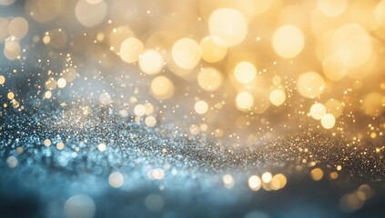 Abstract festive background with glittering, shimmering, golden, and blue bokeh lights.