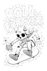 A skull riding a skateboard and drinking beer