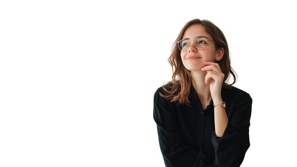 Fototapeta premium Woman thinking while looking up,doubtful and hesitant,isolated on white background,web banner.