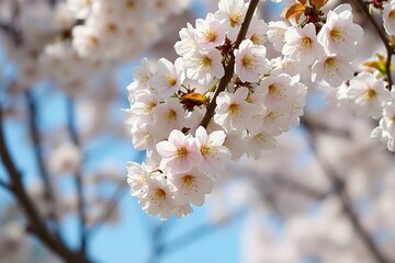 Obraz premium A Close up of White Flowers on a Branch of a Tree - Generative AI