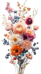 Colorful bouquet of flowers with intricate details showcasing various blooms and delicate greenery