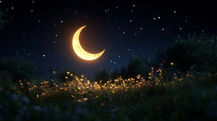 Naklejka premium Crescent Moon Illuminates Night Field Of Flowers
