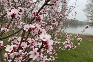 Obraz premium A Close up of a Tree With Pink Flowers Next to a Body of Water - Generative AI