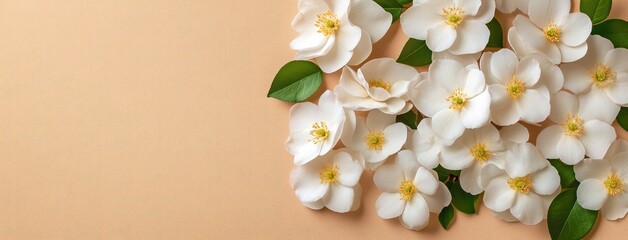 Delicate white apricot blossoms gracefully set against a soft beige background highlight a tranquil minimalist aesthetic