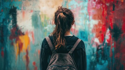 Young Woman Observing Colorful Abstract Art in Urban Setting