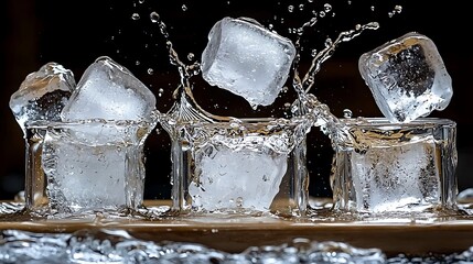 Ice cubes splashing in glasses on wood