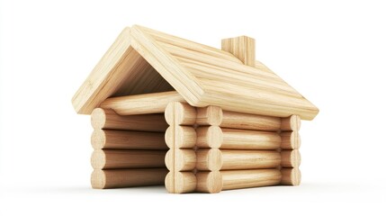 Wooden log cabin miniature, 3D model, white background, toy home, illustration
