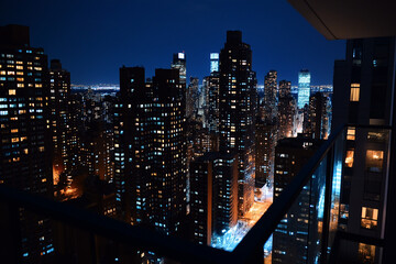 Obraz premium Night view of a city skyline from a skyscraper balcony.