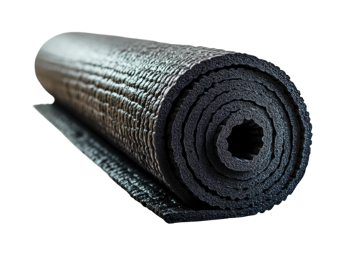 Yoga practice black mat unfurled in tranquil space isolated on transparent background png