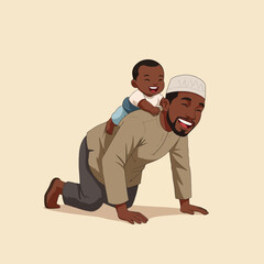 Father and Baby Playing Piggyback Ride Cartoon Illustration Smiling