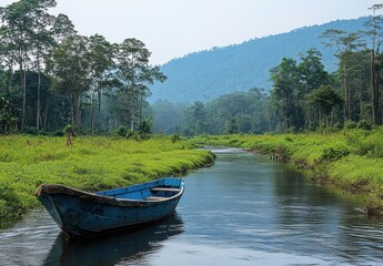 Obraz premium Tranquil River Scene with Blue Boat Surrounded by Lush Greenery and Majestic Mountains Under a Soft Sky