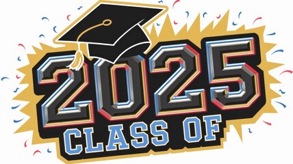 Class of 2025 Neon Graduation Emblem with Tossed Cap and Confetti Generative AI