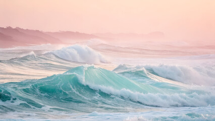 Gentle abstract waves in pastel hues blend seamlessly, forming a soft gradient with a calming and serene effect.