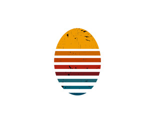 A retro sun design featuring colorful horizontal stripes, evoking the vibrant aesthetic of the 1980s.