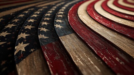 The artwork features a wavy arrangement of wooden panels painted in red, white, and blue, adorned with stars, highlighting a patriotic theme and American pride