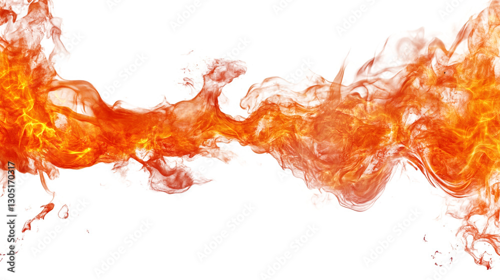 Poster Realistic fire flames burning, creating vibrant fiery stream on transparent backdrop, ideal for visual effects and design compositions