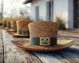 Leprechaun hats on patio, sunlit home