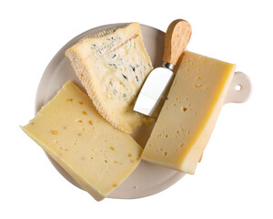 Cheese plate isolated on white background. Italian cheeses - caciotta with fenugreek, blue cheese and asiago on ceramic board. Cheese platter. Top view.