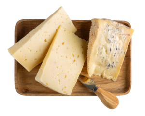 Cheese plate isolated on white background. Italian cheeses - caciotta with fenugreek, blue cheese and asiago on wooden board. Cheese platter. Top view.