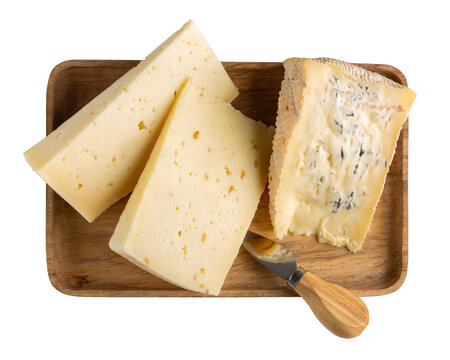 Cheese plate isolated on white background. Italian cheeses - caciotta with fenugreek, blue cheese and asiago on wooden board. Cheese platter. Top view.
