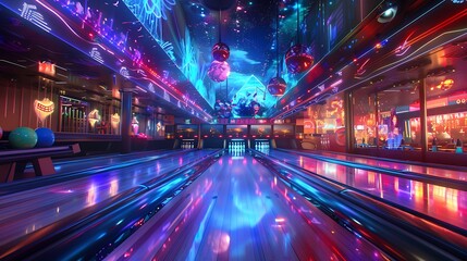 Fototapeta premium Neon Nights Bowling Alley: A Retro-Futuristic Escape