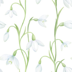 Snowdrop flowers seamless pattern. Hand painted botanical illustration in watercolor style. Floral background for fabric, wallpaper, fashion, decoration