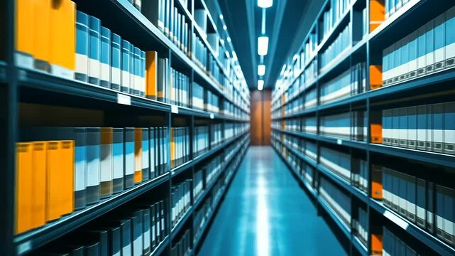 Brightly lit archive folders with bold, contrasting labels on industrial shelving, their sharp alignment symbolizing clarity and precision in data handling.