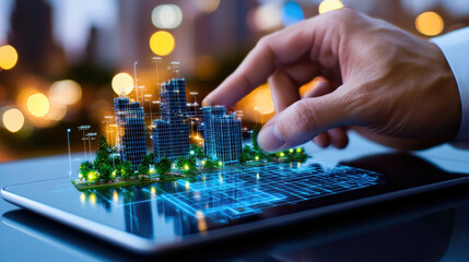 person interacting with digital model of futuristic buildings on tablet, showcasing advanced technology and urban planning. scene conveys innovation and creativity