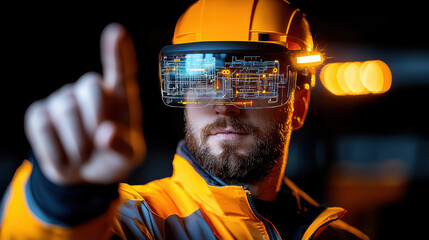 person wearing augmented reality glasses interacts with digital interface, showcasing technology in work environment. scene conveys innovation and focus