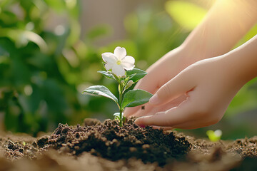 hands growing plants in field