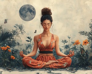 Woman Meditates Moonlit Garden