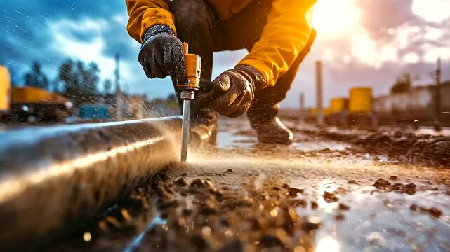A detailed view of a plumber using a pipe cutter on a damaged section of a metal pipe, with water dripping steadily onto the surrounding area.