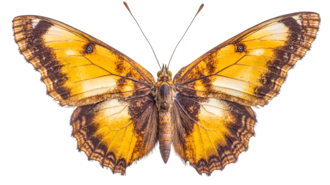 Vibrant butterfly perching with detailed wing markings and slender antennae against transparent backdrop