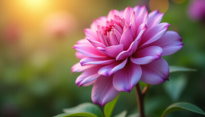 Fototapeta premium A beautiful pink flower with a green stem. The flower is the main focus of the image and it is surrounded by green leaves. The flower is in full bloom and it looks like it is glowing in the sunlight