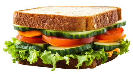 Whole wheat bread sandwich filled with fresh vegetables like lettuce, tomato, cucumber, and carrot, offering a vibrant, healthy meal