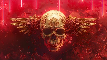 Ornate Skull with Golden Wings and Roses in Red Neon Light
