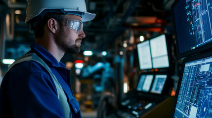 Industrial engineer monitoring digital systems in a high-tech control room