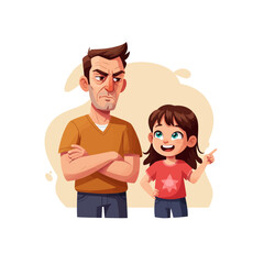 Cartoon Father with Crossed Arms and Daughter Pointing Upward
