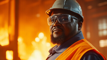 Obraz premium Steelworker in protective gear working near intense heat in an industrial foundry