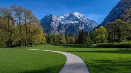Explore a picturesque green meadow with a winding trail, surrounded by majestic snow-capped mountains and a vibrant blue sky