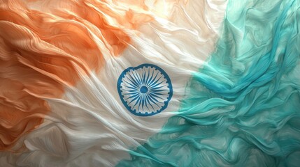 The tricolor flag of India features orange, white, and green stripes with a blue Ashoka Chakra at the center, gently waving in a soft breeze, symbolizing unity and pride